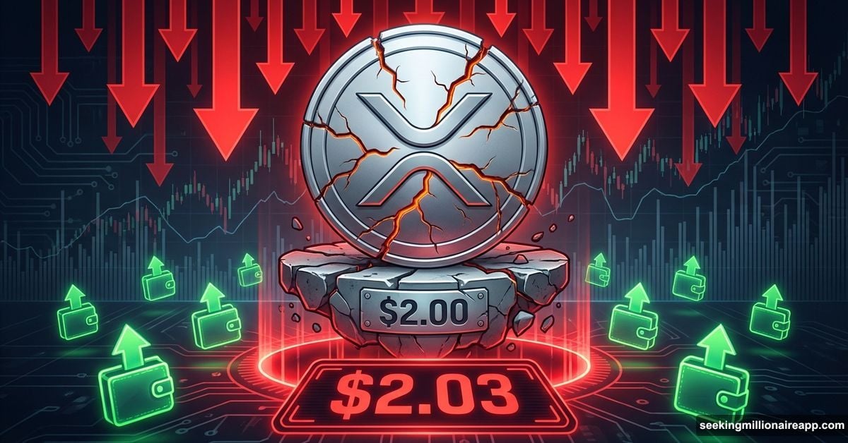 Cracked XRP coin balanced on fragile two dollar support level