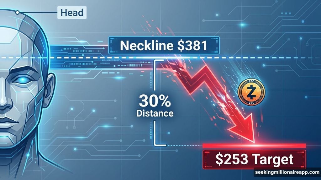 Head-and-shoulders breakdown pattern projects thirty percent downside to $253