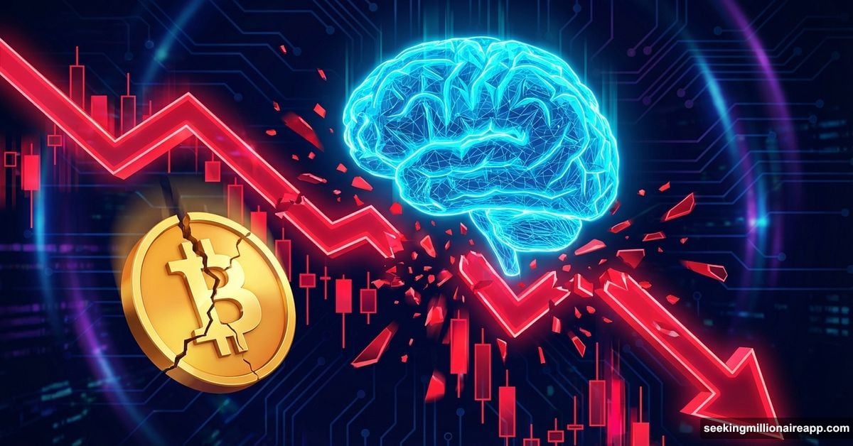 Glowing AI symbol crushing a red stock chart and falling Bitcoin.