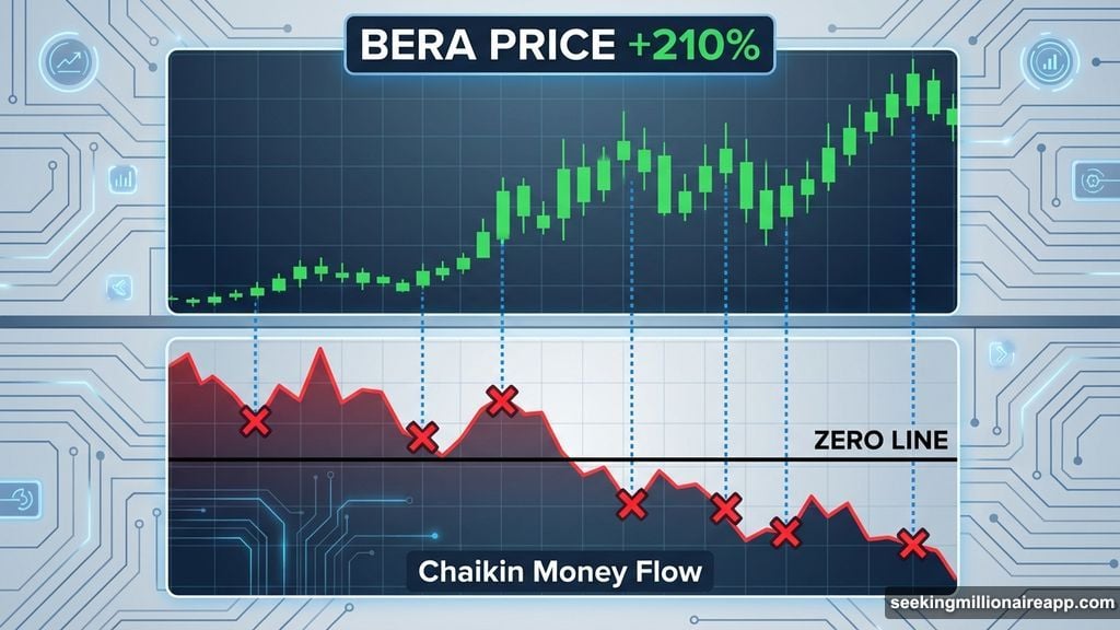 Bearish divergence forms as money flows out during price rally