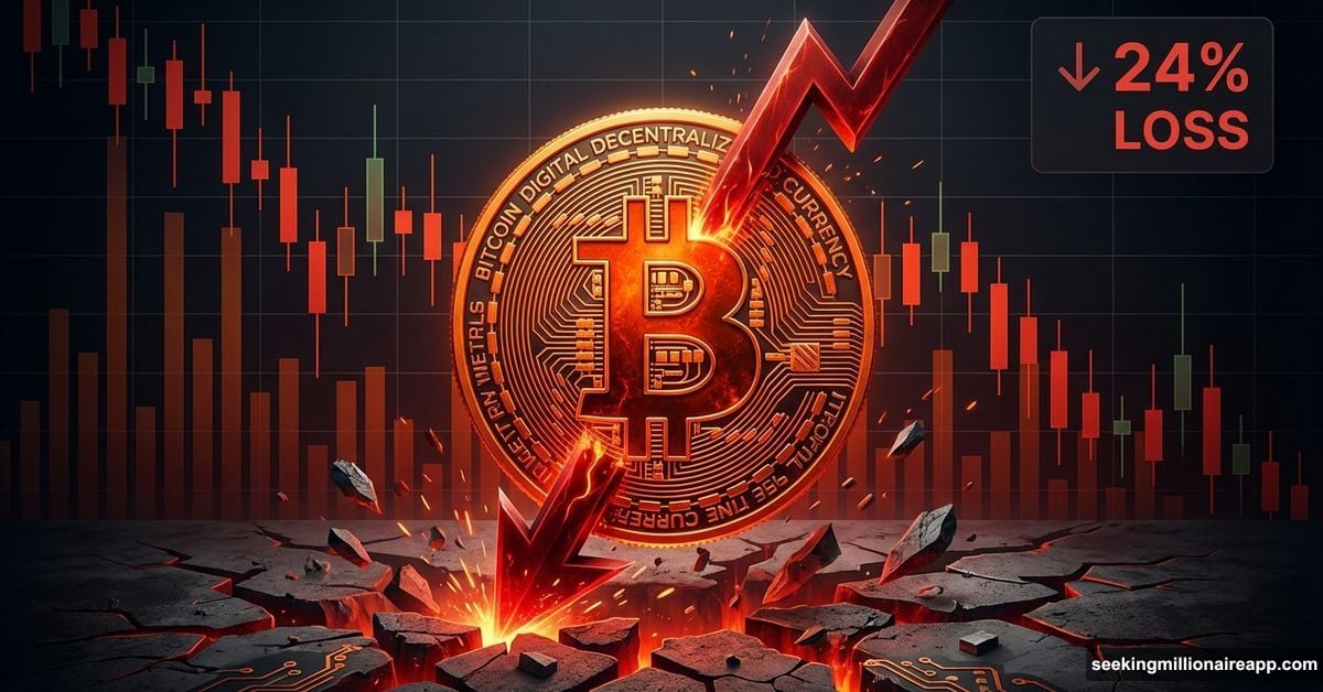 Bitcoin coin with red downward arrow piercing through cracked foundation