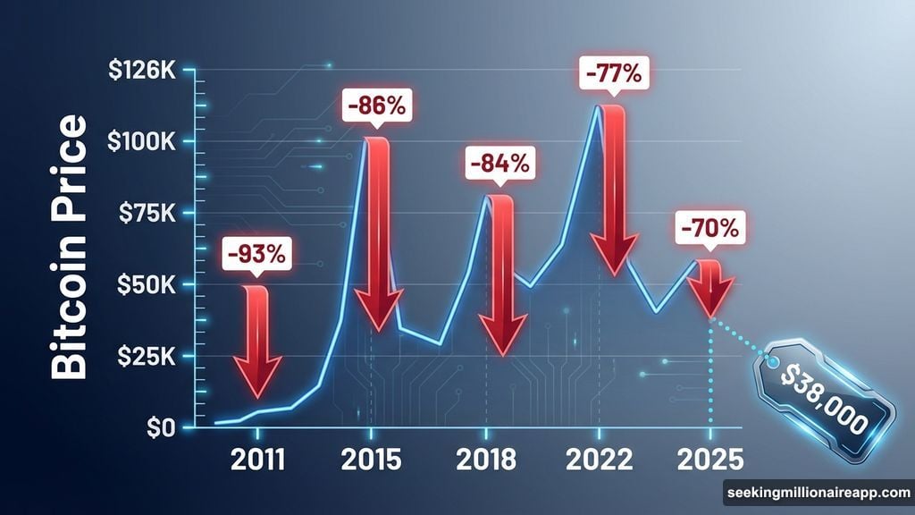 Historical Bitcoin drawdowns declining 7% each cycle pointing to $38K bottom