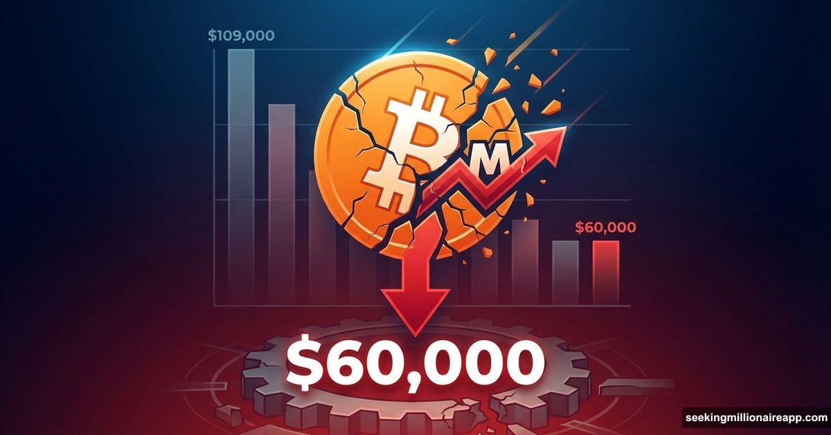Cracking Bitcoin coin falling with MicroStrategy logo amid market crash