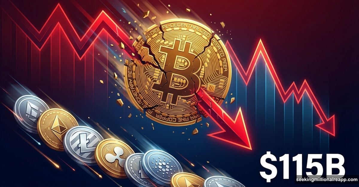 Bitcoin crashing downward through red arrow amid falling cryptocurrency market
