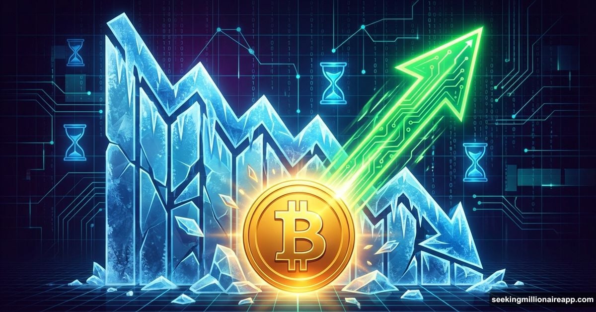 Glowing Bitcoin bouncing from a downward chart into a green upward arrow.