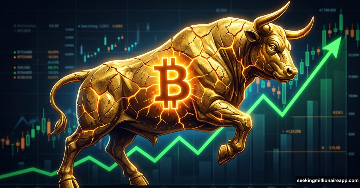 A cracked golden bull statue with a glowing Bitcoin logo.