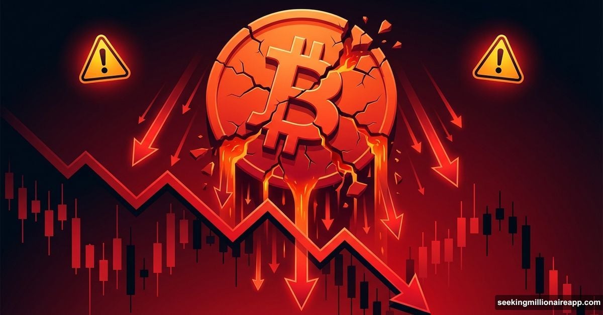 Cracking Bitcoin symbol with cascading downward arrows and warning signals