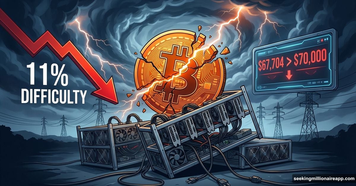 Cracked Bitcoin symbol with failing mining rigs during winter storm