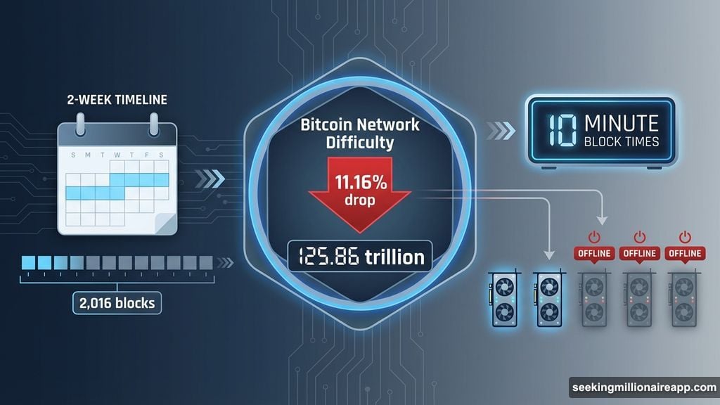 Bitcoin network difficulty automatically adjusts every 2,016 blocks to maintain block times