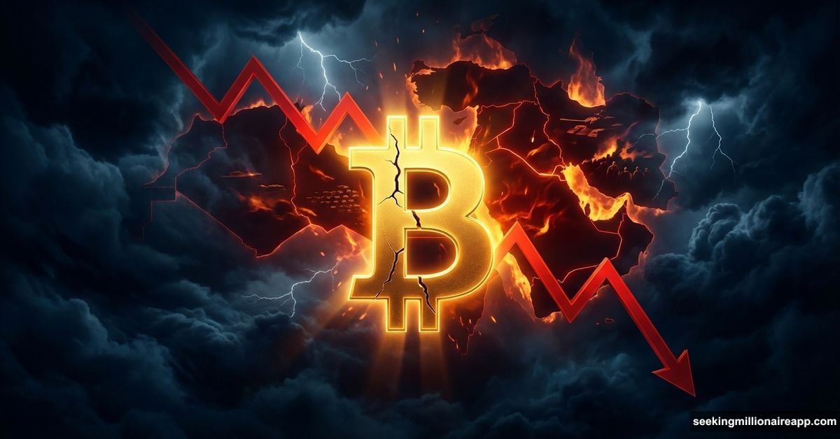 Cracking Bitcoin symbol against red Middle East map with falling price chart