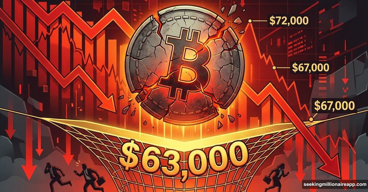 Bitcoin coin crashing through bear flag toward critical $63,000 support