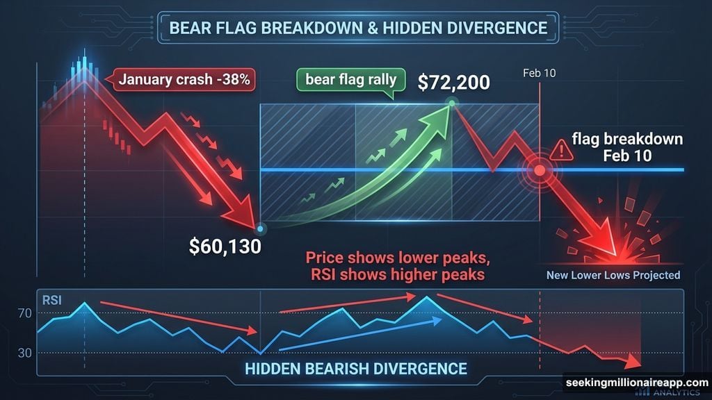 Bear flag pattern breakdown after RSI hidden bearish divergence