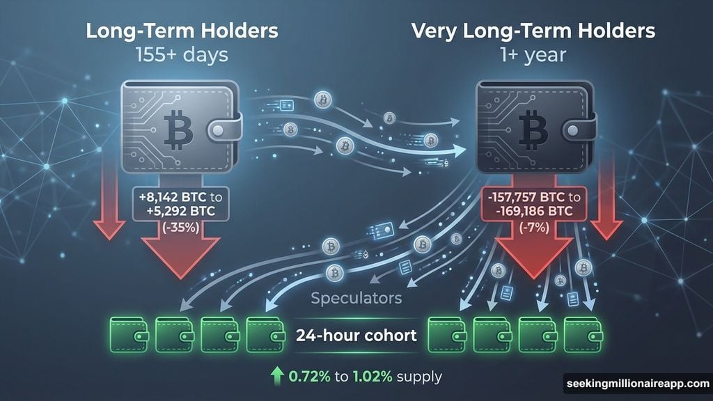 Long-term holders selling while short-term speculators absorb supply
