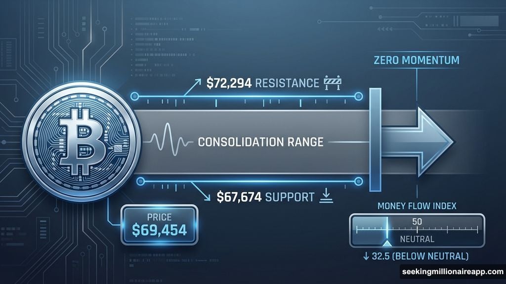 Bitcoin hovers around $69,500 with zero momentum near resistance
