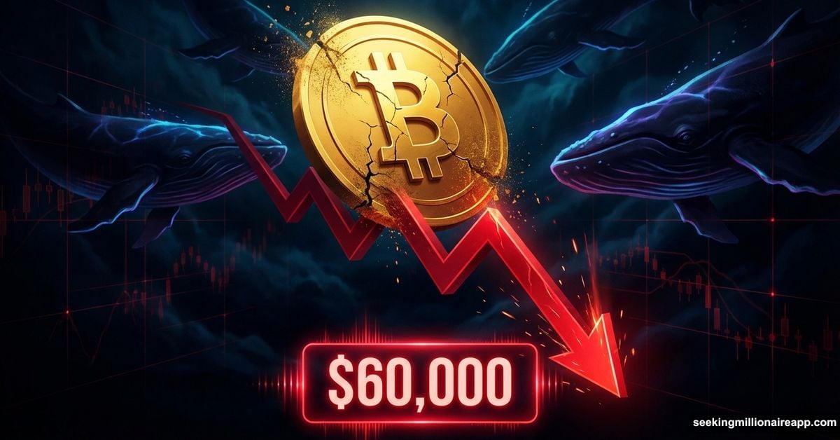 Bitcoin symbol crashing downward with whale silhouettes and sixty thousand dollar target