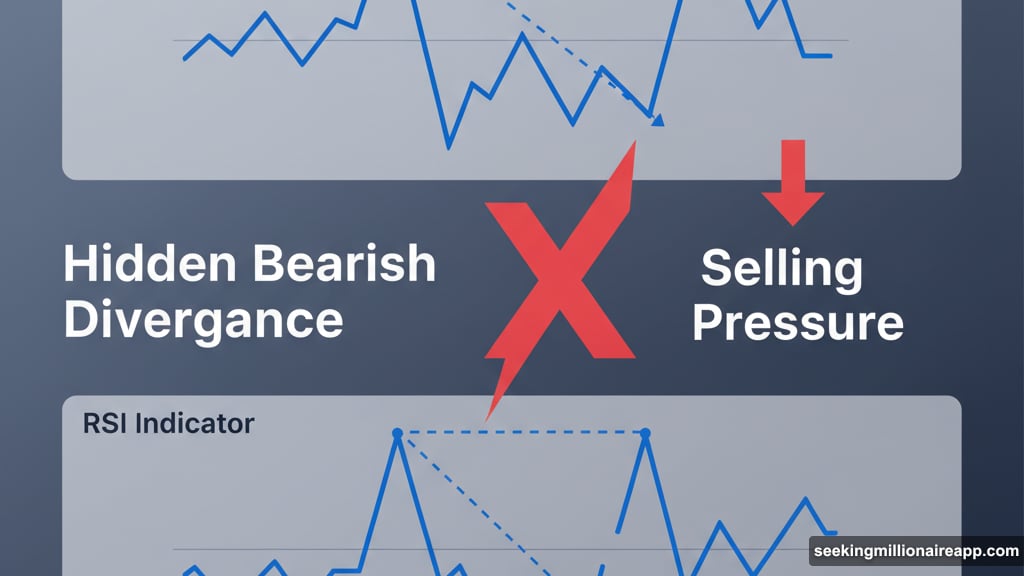 Hidden bearish divergence between price and RSI momentum indicator