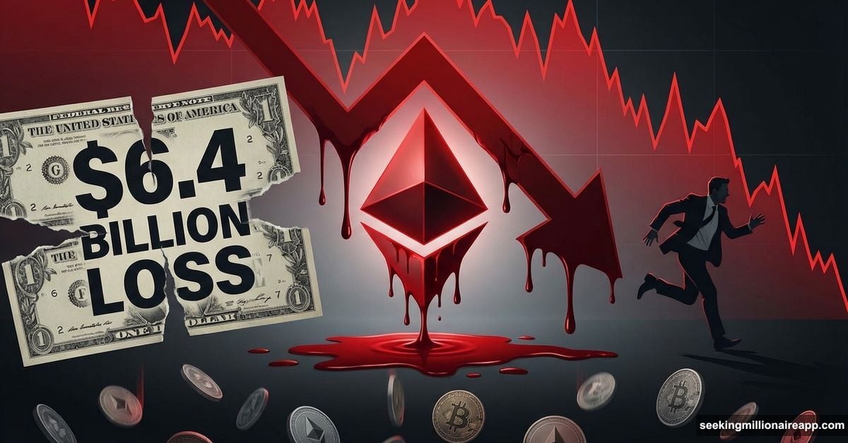 Ethereum logo bleeding downward with falling stock chart and dollar losses