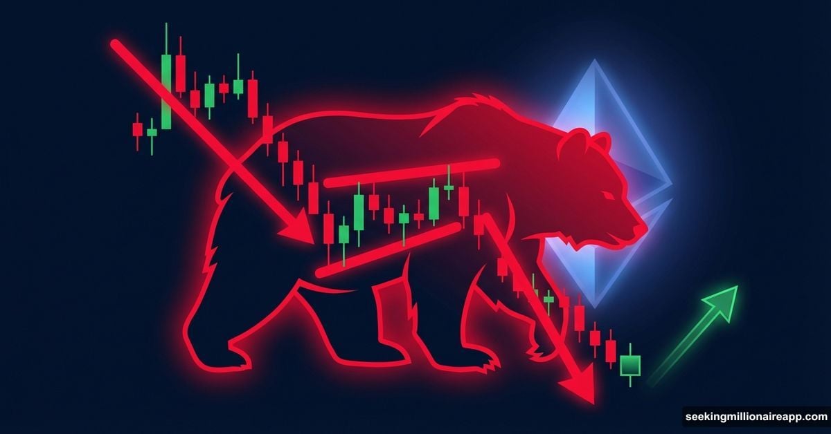 Bear flag pattern chart with Ethereum symbol and institutional buying signals