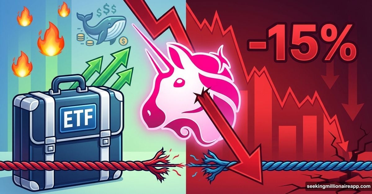 Uniswap logo with downward arrow despite ETF filing and institutional interest