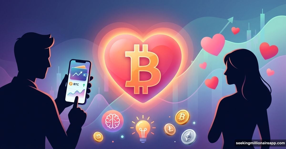 Bitcoin heart symbol between two dating profiles representing crypto knowledge attraction