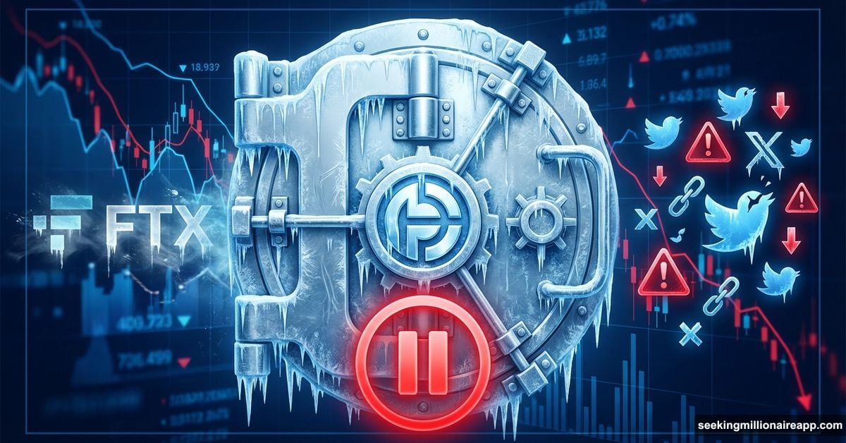 Frozen BlockFills vault with FTX ghost and panic symbols