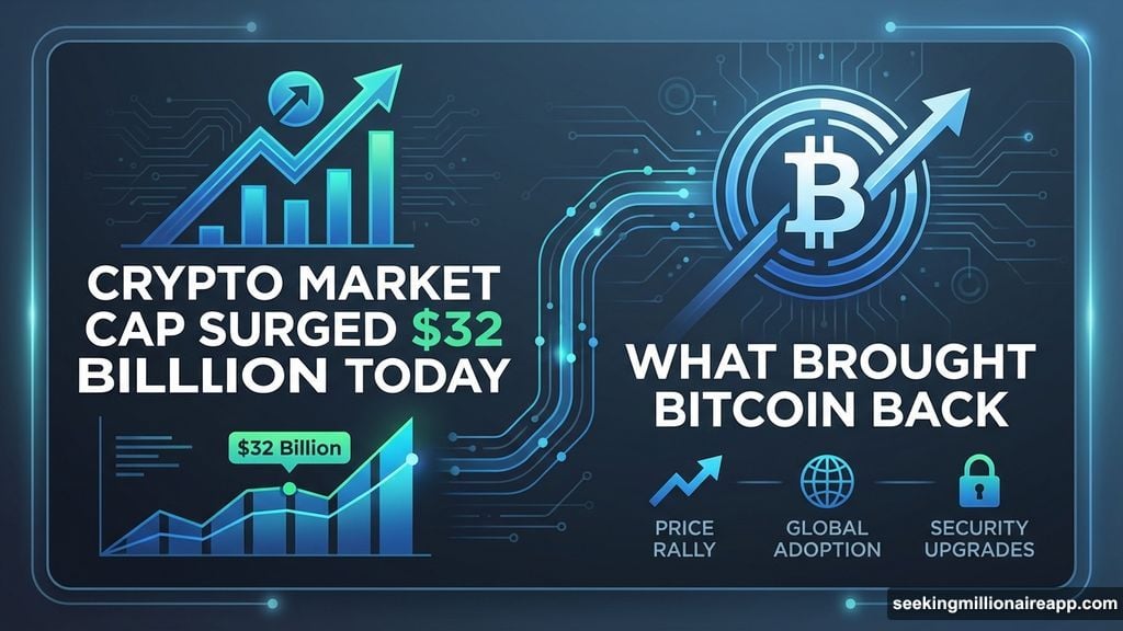 Modern minimalist illustration 2 for: Crypto Market Cap Surged $32 Billion Today. What Brought Bitcoin Back