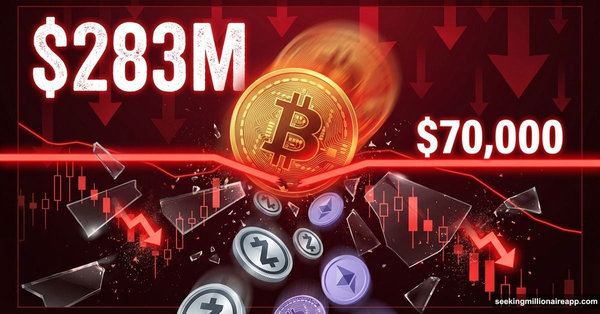 Bitcoin coin crashing through $70,000 support level with liquidation cascade