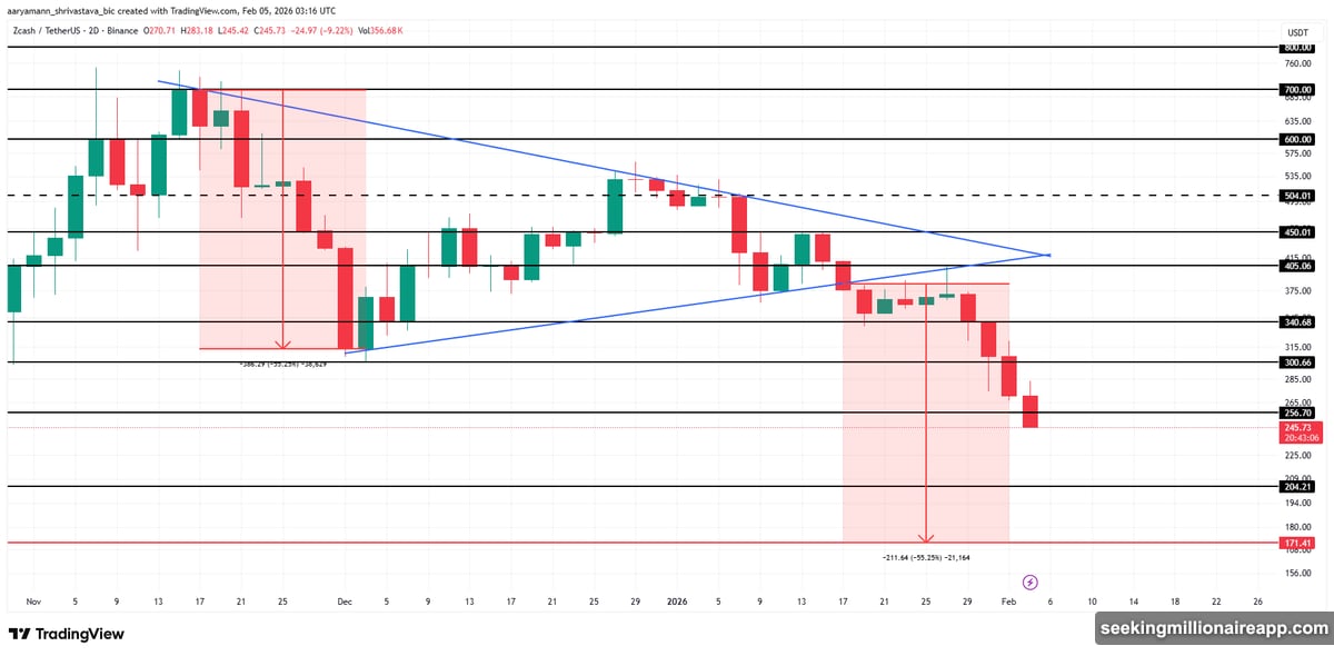 Zcash crashes 20% as triangle breakdown accelerates toward $204