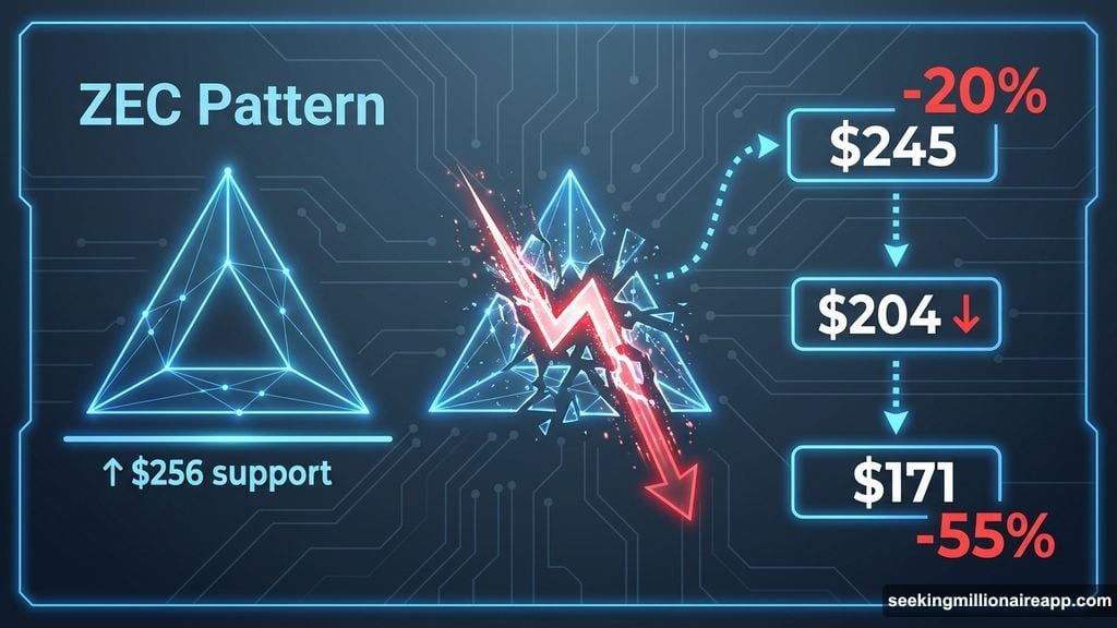 Zcash crashes 20% to $245 after triangle breakdown accelerates