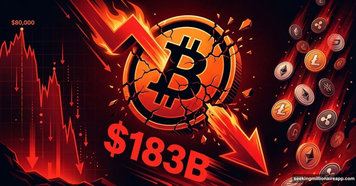 Bitcoin crashing through $80,000 with $183 billion market loss illustration