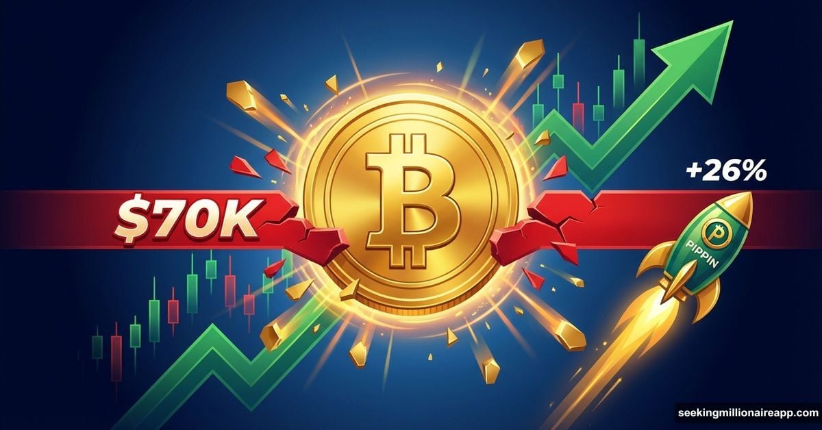 Bitcoin coin smashing through $70K barrier with upward surge