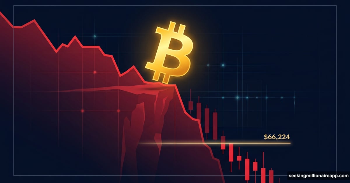 Bitcoin symbol teetering on edge of falling price chart