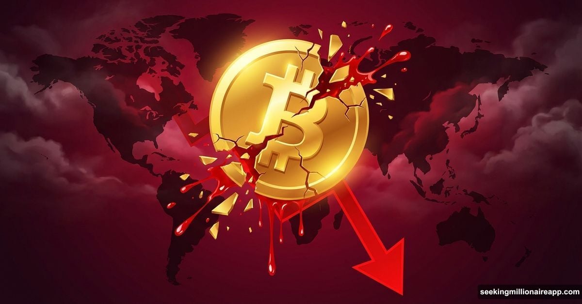 Cracked Bitcoin symbol plunging downward amid global market sell-off