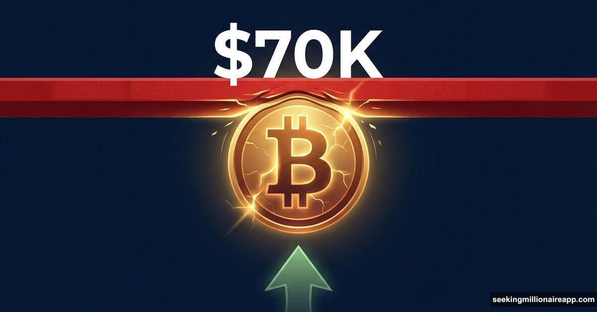 Bitcoin symbol straining against a $70K resistance barrier ceiling