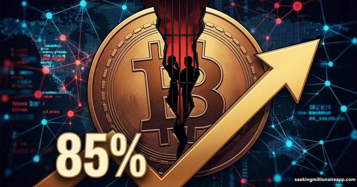 Cryptocurrency coin split open revealing trapped people behind bars inside