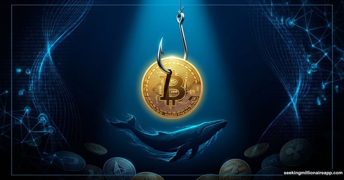 Fishing hook piercing cryptocurrency coin above whale silhouette symbolizing targeted attacks