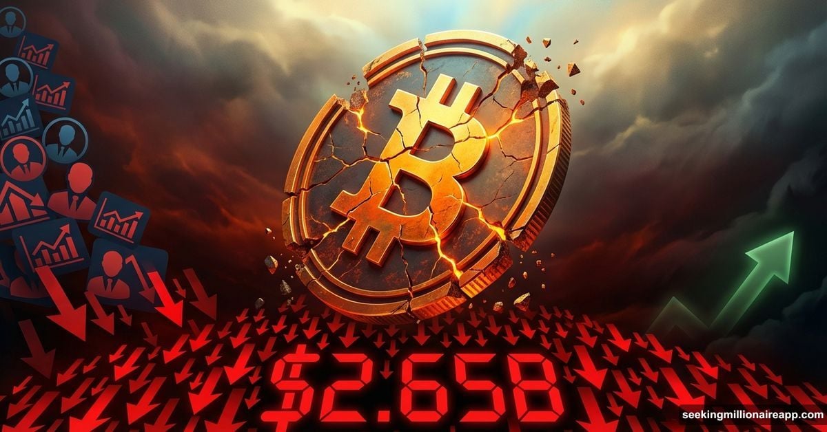 Bitcoin coin cracking and falling with liquidation arrows and $2.65B loss