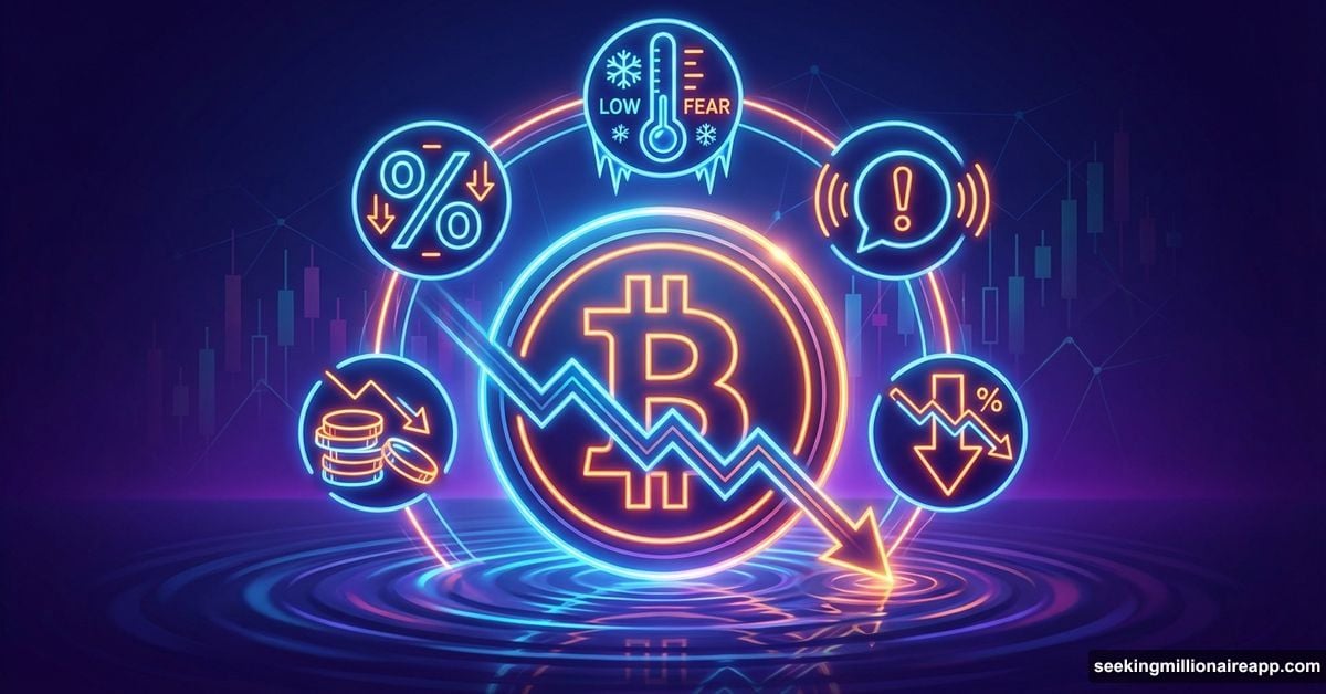 Bitcoin coin with downward chart surrounded by five market timing signals