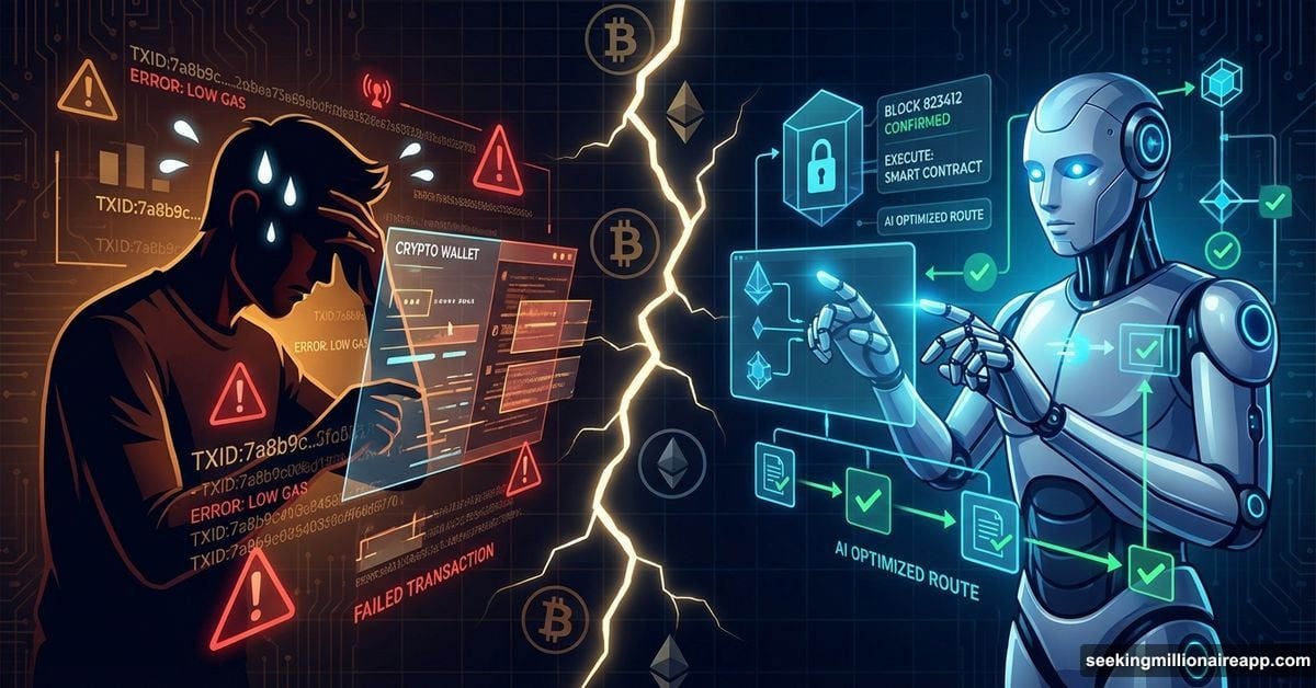 Human struggles with crypto while AI robot executes blockchain effortlessly