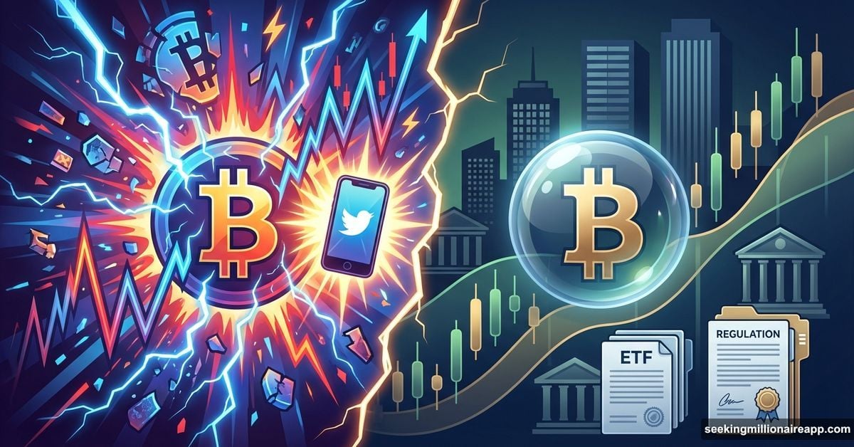 Bitcoin symbol split between chaotic old market and calm institutional era