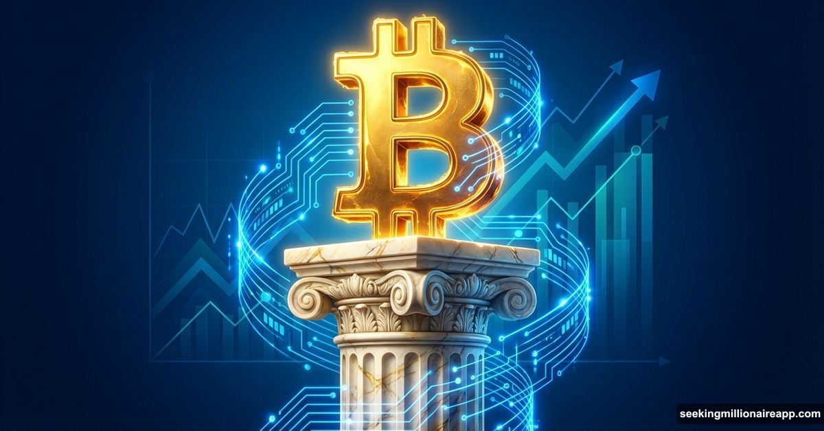 Gold Bitcoin on a solid marble pillar with glowing AI circuitry.