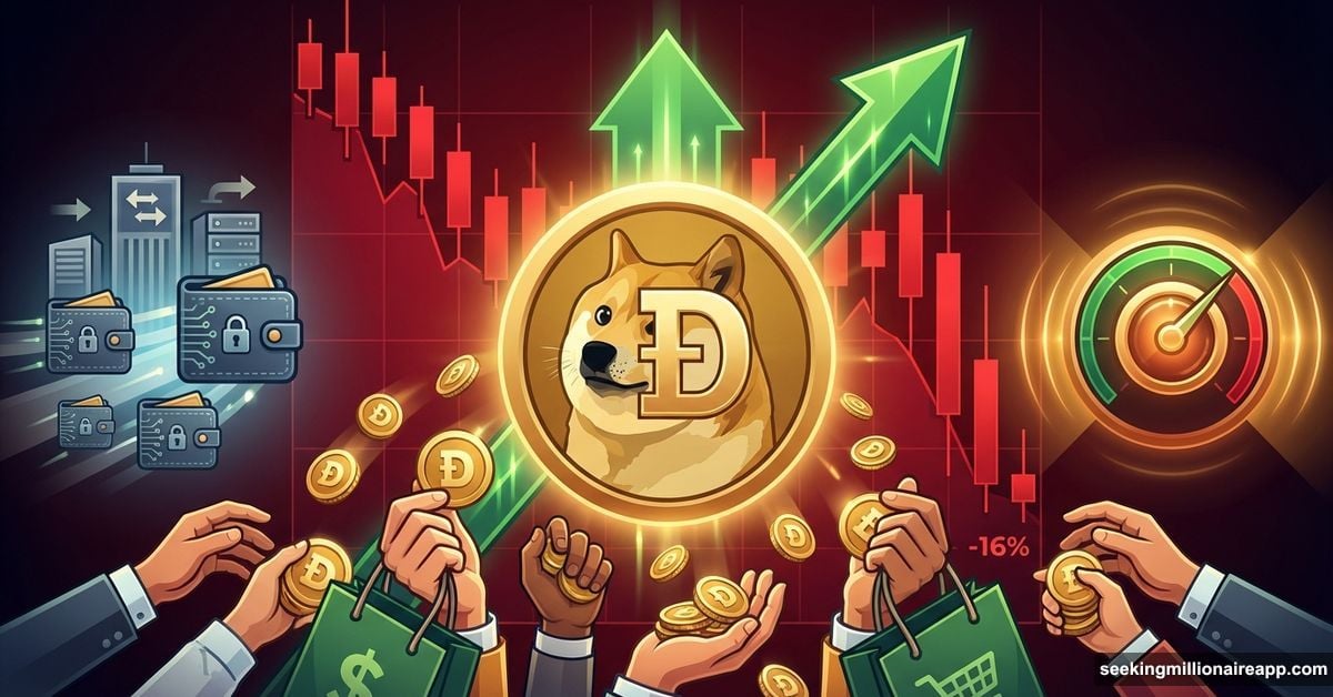 Dogecoin logo with hands buying during price crash and charts