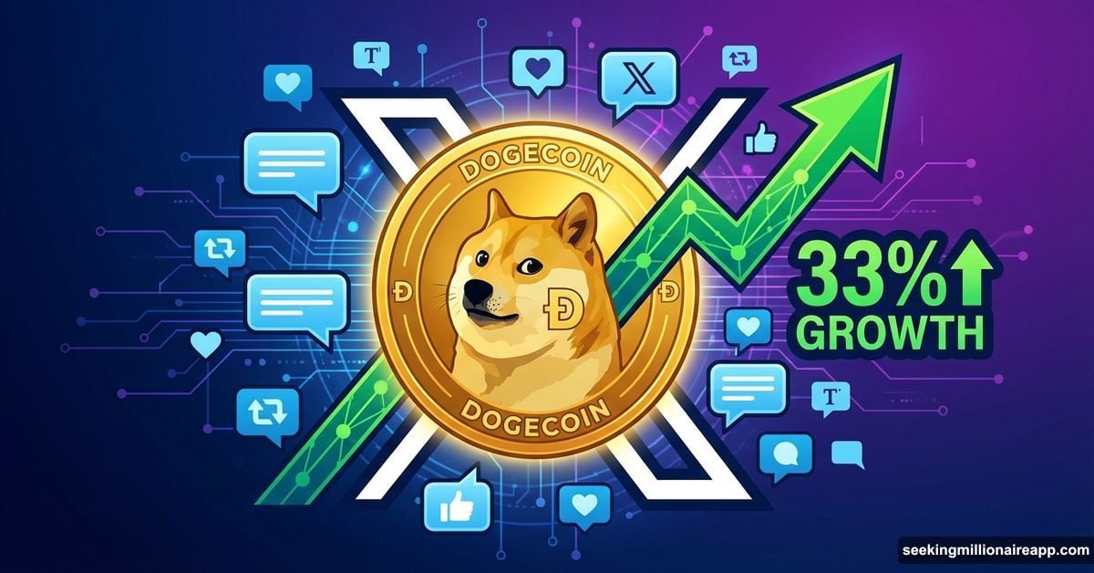 Dogecoin coin with X logo and rising social media engagement symbols