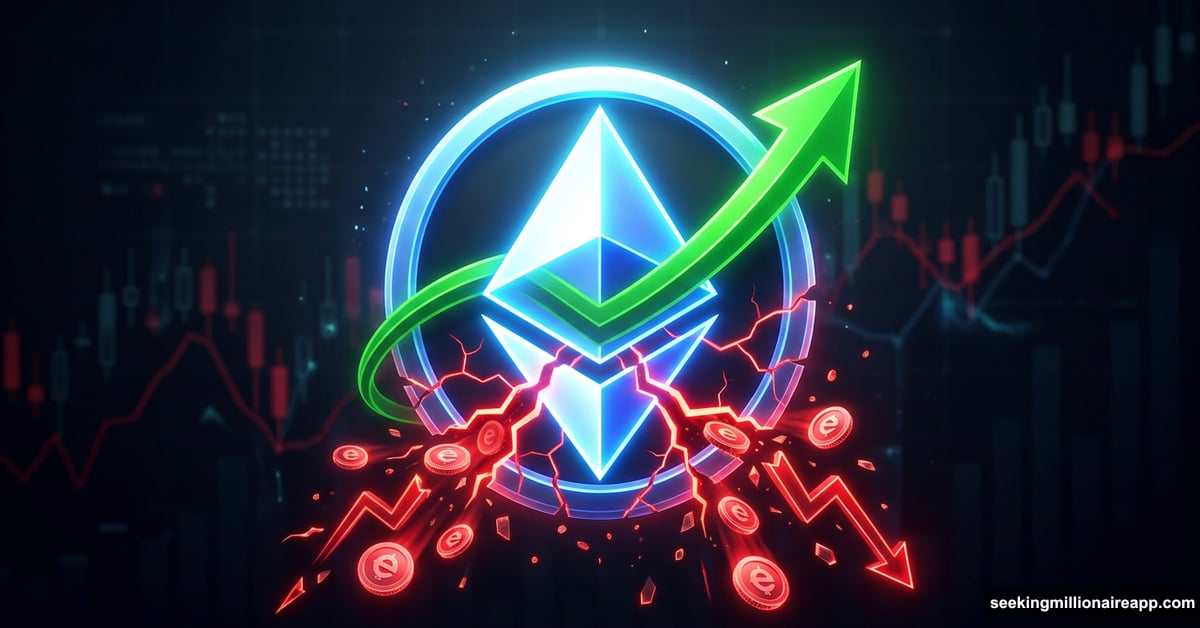 Ethereum logo with a green upward arrow but leaking red digital coins.