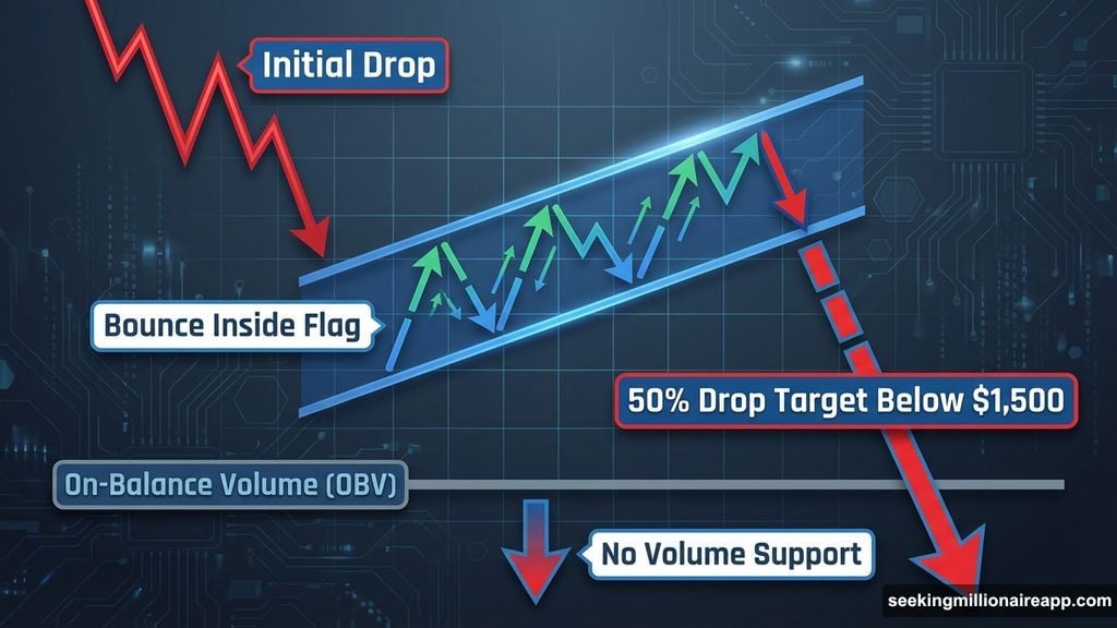 Bearish pole and flag pattern with flat OBV volume
