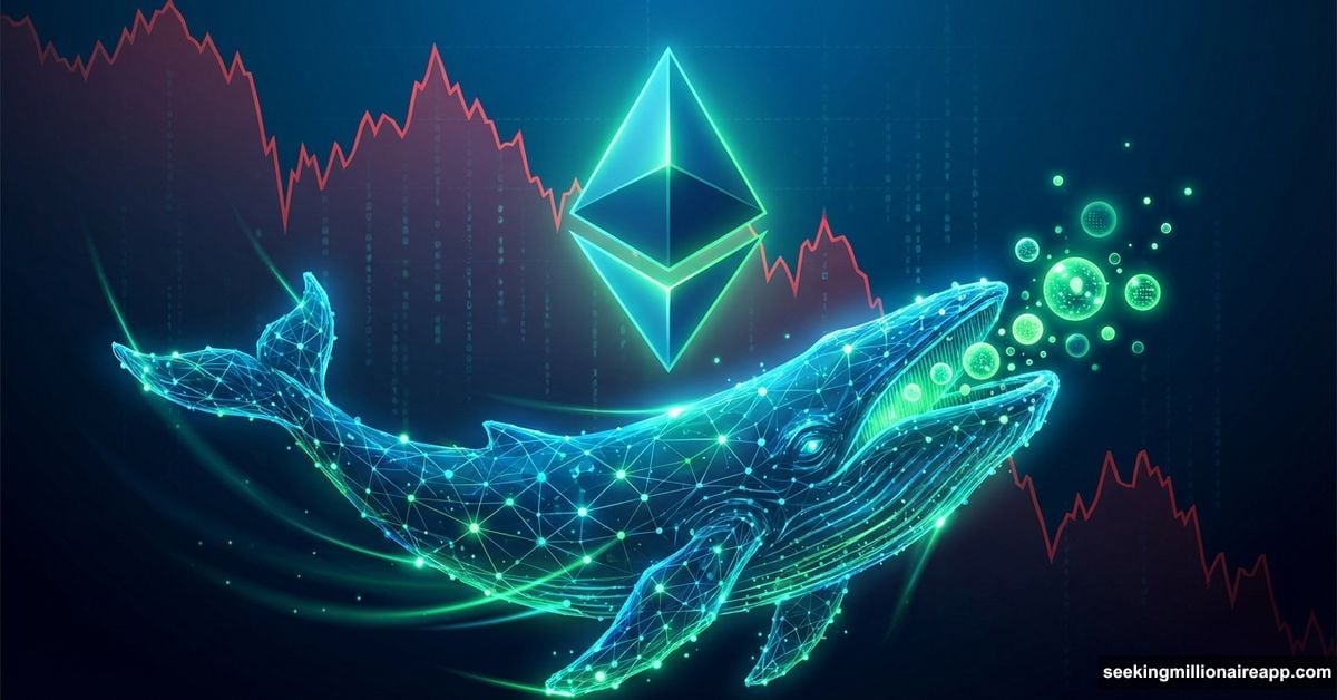 A digital whale accumulating glowing Ethereum coins during a red market crash.