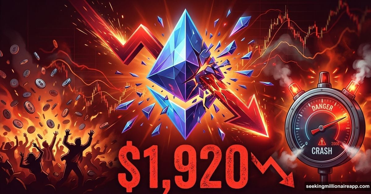 Ethereum logo crashing downward with red arrow to nine-month low