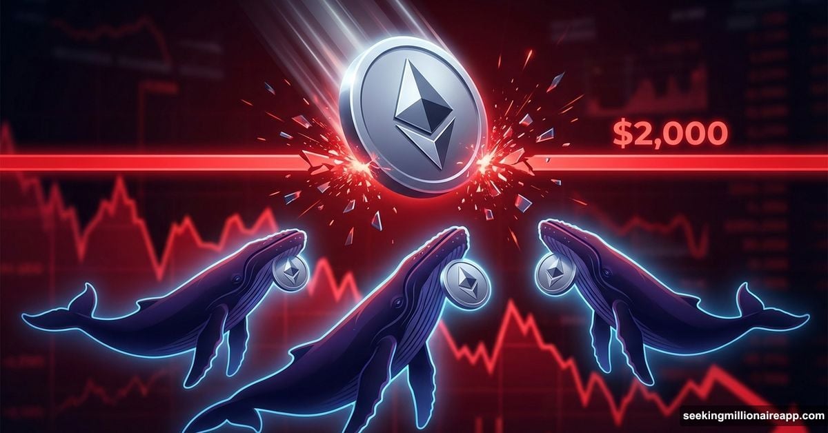 Ethereum coin falling below $2,000 while whale silhouettes accumulate upward
