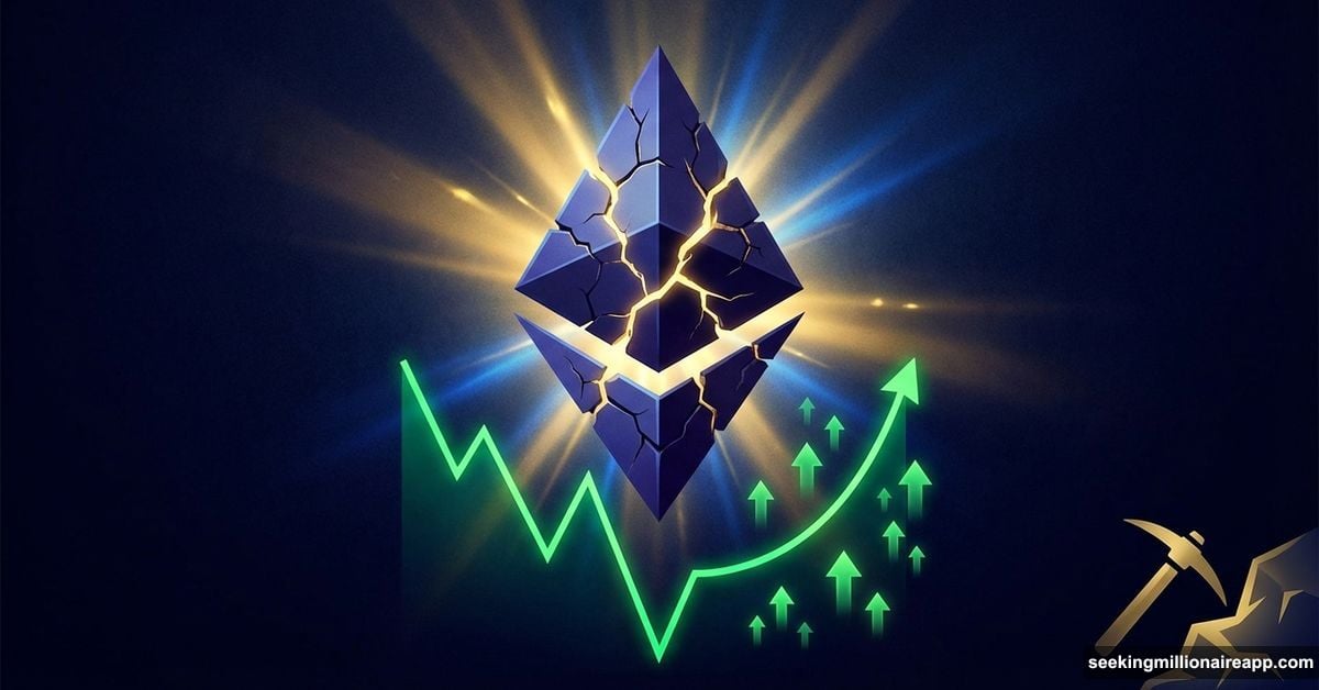 Cracked Ethereum logo with V-shaped price recovery chart below