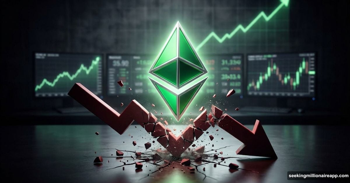 Glowing Ethereum logo rising above shattered red arrows and green charts.